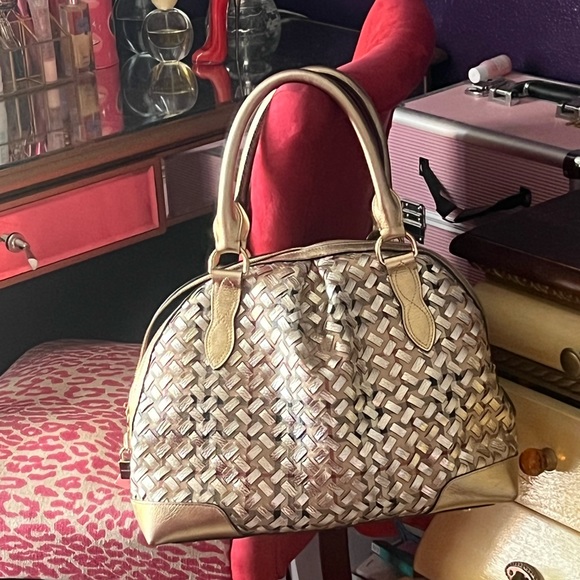 *AUTHENTIC BURBERRY* Gold/Beige Haymarket Check PVC and Leather Thornley Satchel - Picture 4 of 15